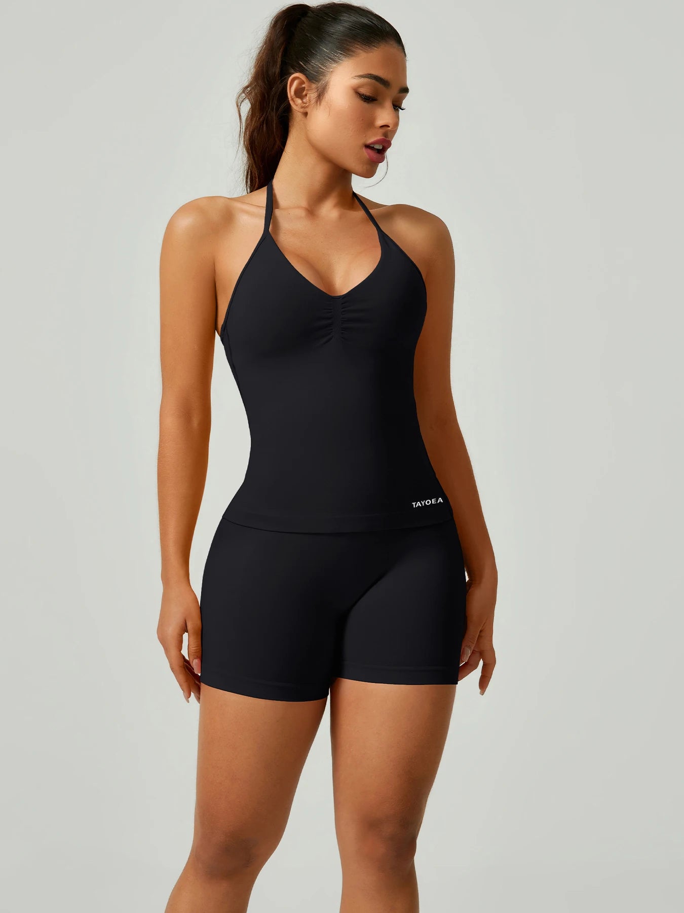 TAYOEA Women’S Set: High-Intensity Halter Support Top, Anti-Slip No-Shift; Cool Sweat-Wicking Quick-Dry Breathable Seamless Stretch; High-Waist Compression Shorts Tummy-Control Butt-Lift, Anti-Chafe Anti-Roll, for Gym,