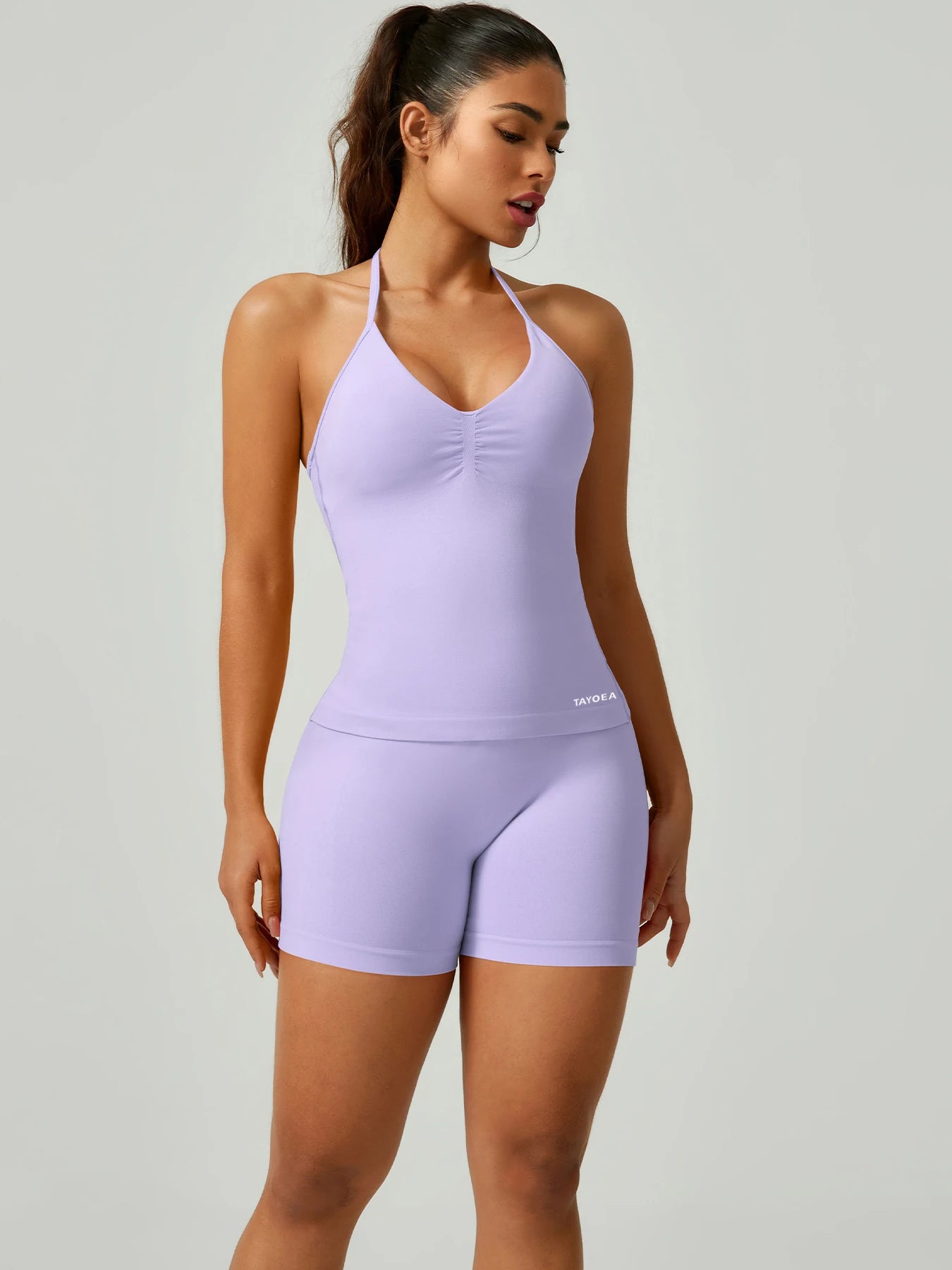TAYOEA Women’S Set: High-Intensity Halter Support Top, Anti-Slip No-Shift; Cool Sweat-Wicking Quick-Dry Breathable Seamless Stretch; High-Waist Compression Shorts Tummy-Control Butt-Lift, Anti-Chafe Anti-Roll, for Gym,