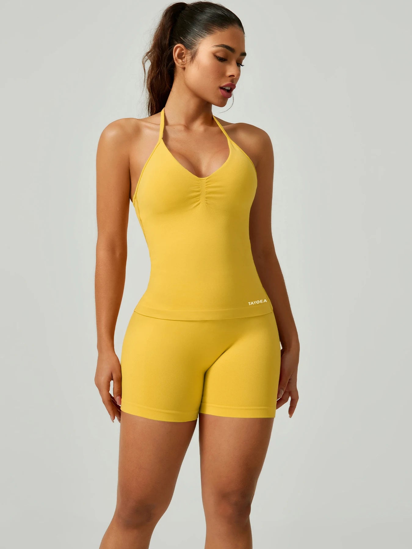 TAYOEA Women’S Set: High-Intensity Halter Support Top, Anti-Slip No-Shift; Cool Sweat-Wicking Quick-Dry Breathable Seamless Stretch; High-Waist Compression Shorts Tummy-Control Butt-Lift, Anti-Chafe Anti-Roll, for Gym,
